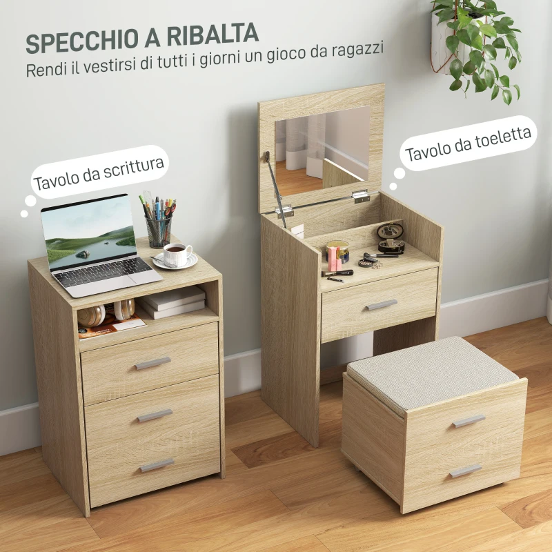 HOMCOM Tavolo da Trucco con Specchio a Ribalta, Cassetti e Sgabello, in Legno e Tessuto Effetto Lino, color Legno