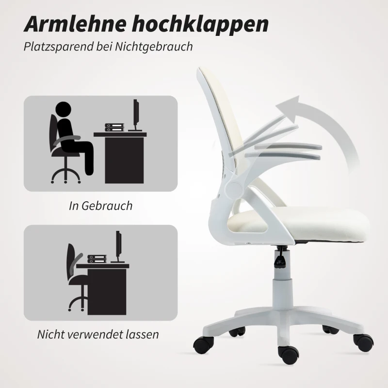 HOMCOM Atmungsaktiver Mesh-Bürostuhl, Ergonomischer Drehstuhl mit klappbaren Armlehnen und Lendenwirbelstütze, Weiß