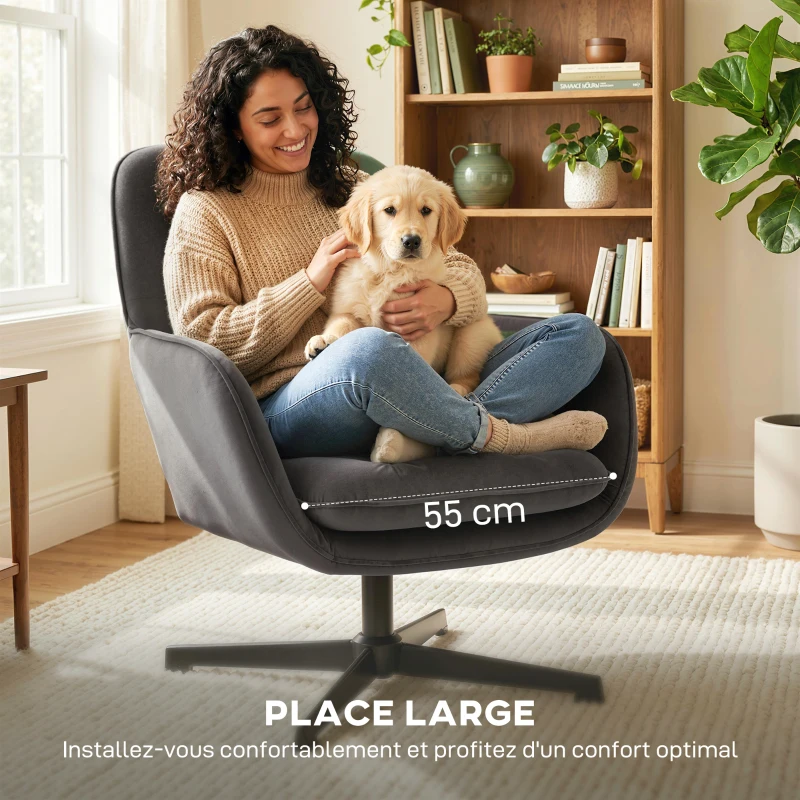 HOMCOM Fauteuil salon, fauteuil d'appoint rembourré en velours avec large assise, coussin et structure en métal, gris foncé