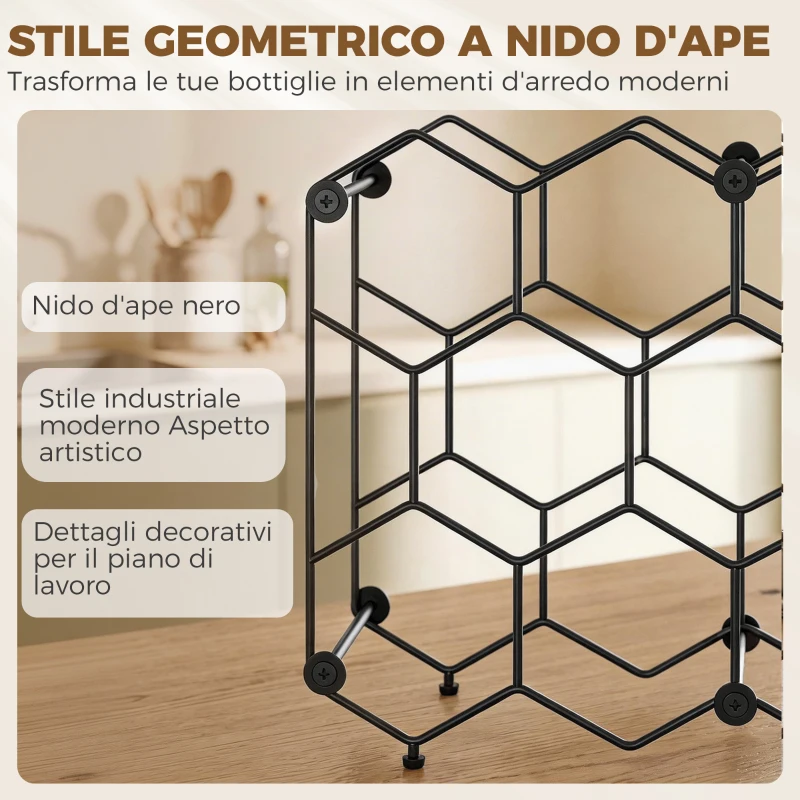 HOMCOM Portabottiglie Design Geometrico a Nido d'Ape, Nero
