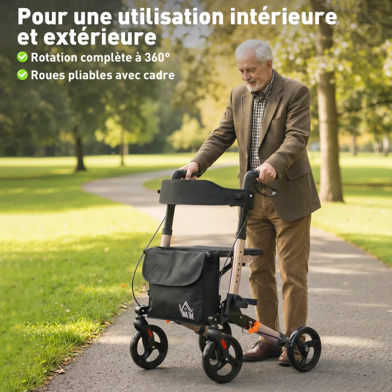 HOMCOM Déambulateur 4 Roues Pliable en Aluminium, Hauteur Réglable 6 Positions, Freins Doubles, Rangement, 64x67x92cm, Doré