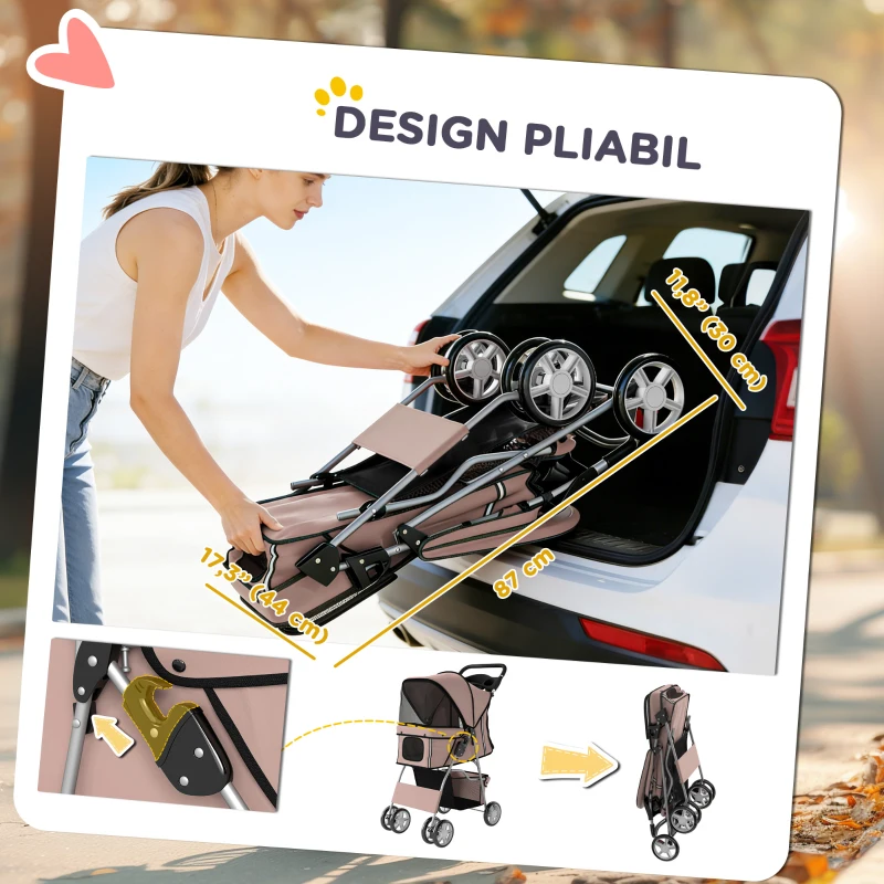 PawHut Cărucior pliabil pentru câini, cu elemente reflectorizante, roți pivotante, frâne și pernă lavabilă, culoare cafeniu