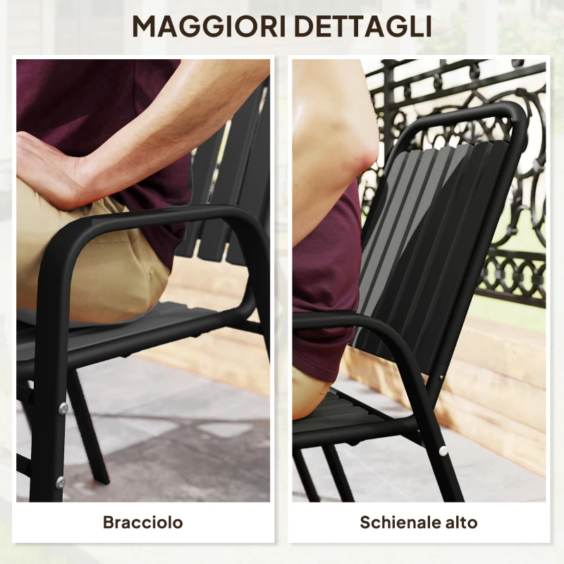 Outsunny Set 4 Sedie da Giardino Impilabili con Schienale Alto e Braccioli, in PP e Acciaio, 56x66x91 cm, Nero