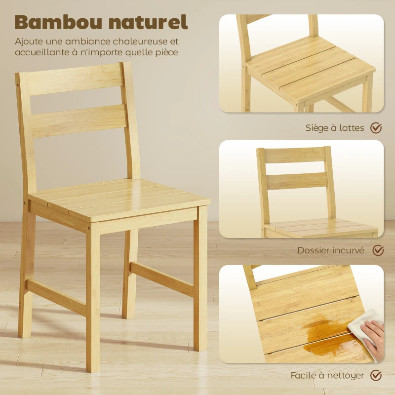 HOMCOM Lot de 2 chaises de salle à manger en bambou, chaises de cuisine sans accoudoirs avec assise à lattes, bois naturel