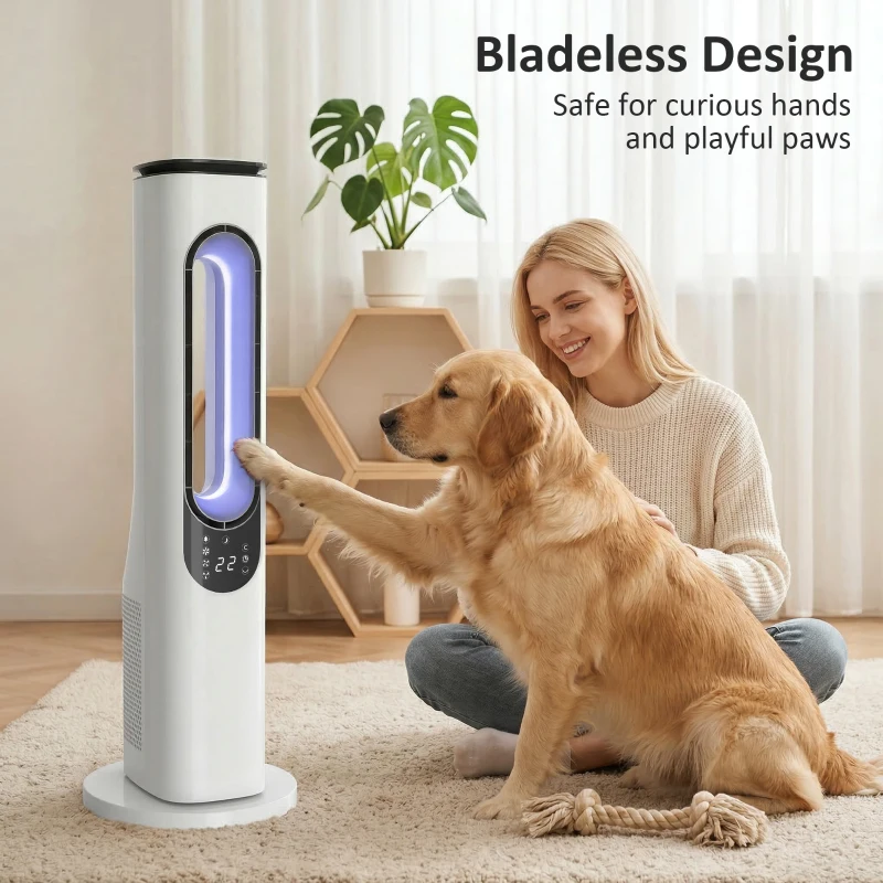 HOMCOM Bladeless Tower Fan for Bedroom, 35dB Standing Cooling Fan with Oscillating, LED Lights, 3 Speeds, 15H Timer, White