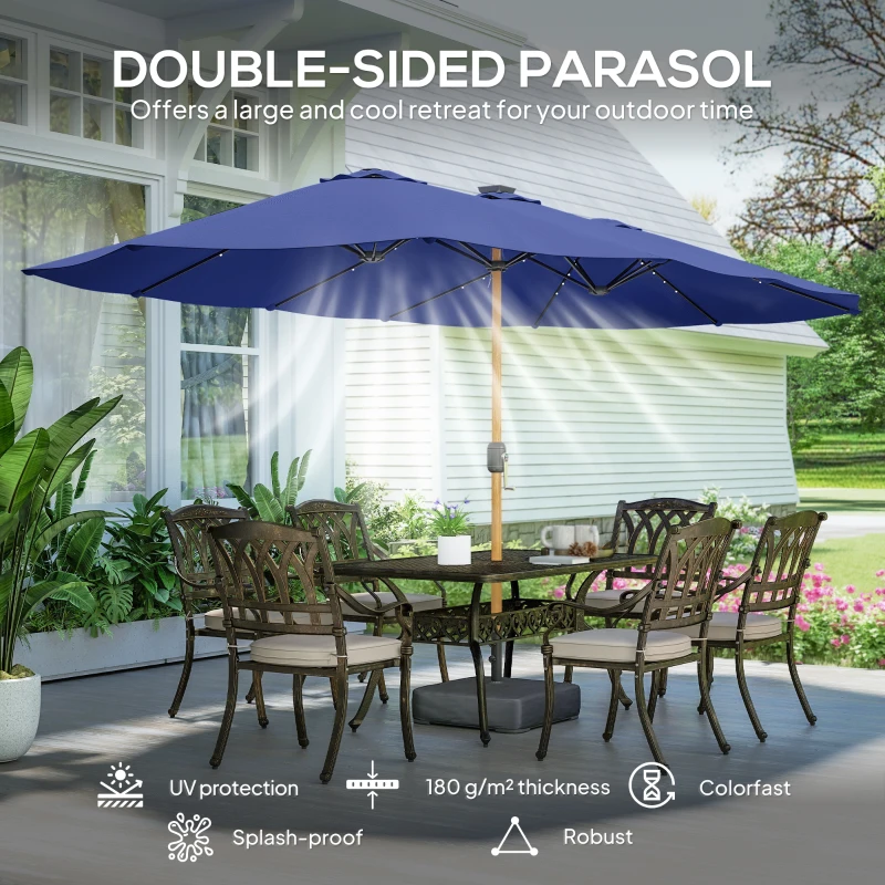Outsunny Double Sided Garden Parasol with Base Included & 48 Solar LED Lights Patio Umbrella Crank Handle 4.6m Dark Blue