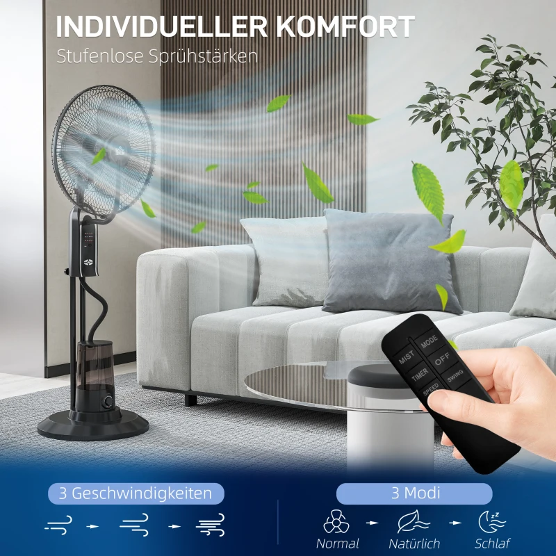 HOMCOM Ventilator mit Wasserkühlung, Luftbefeuchter, 10° Neigbar 70° Oszillierend 3 Geschwindigkeitsstufen 75W, Schwarz