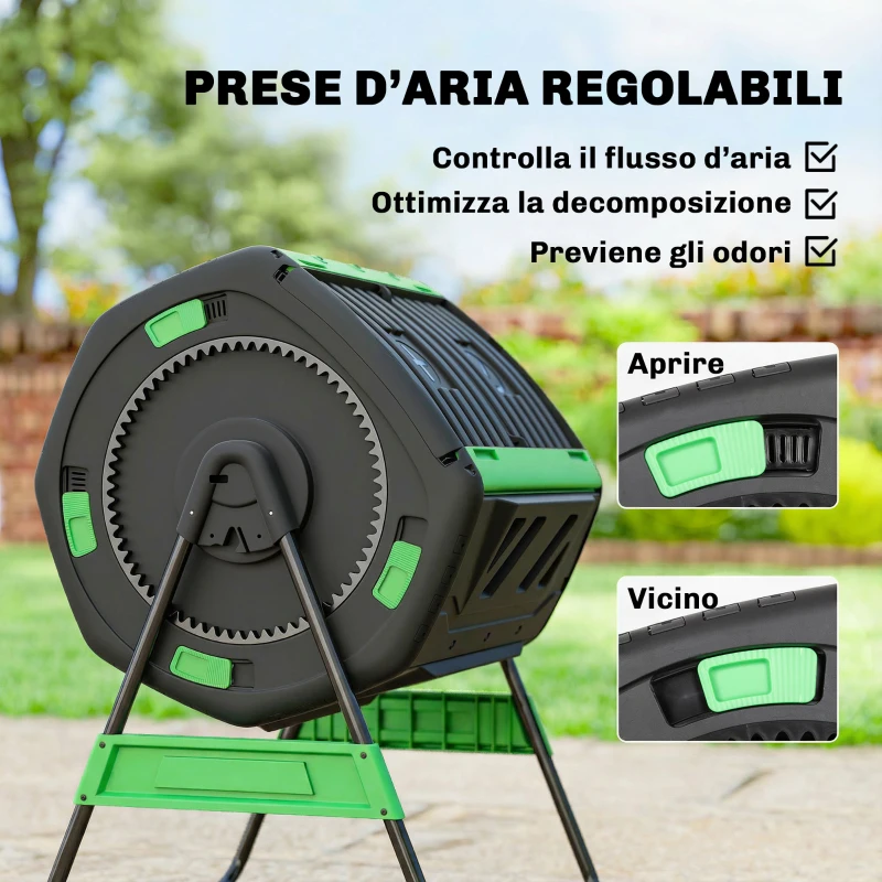 Outsunny Compostiera Domestica 200L a Doppia Camera con 8 Prese D'Aria, in PP e Metallo, 94x67x98 cm, Verde e Nero