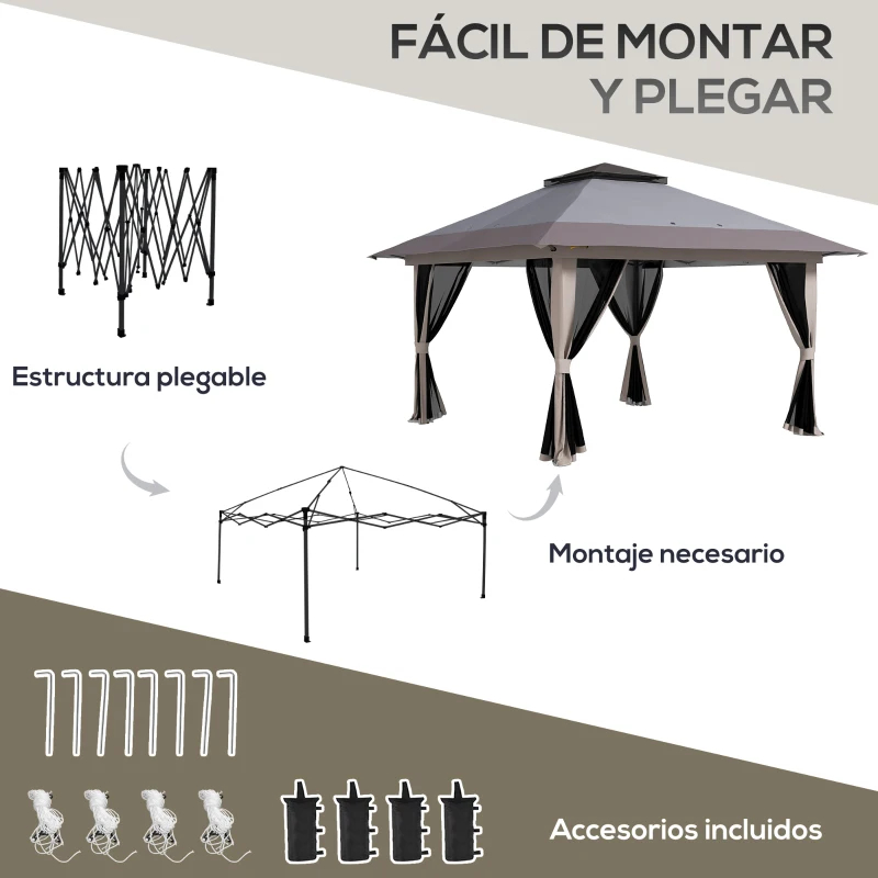 Outsunny Carpa Plegable Pop-up con Altura Ajustable Protección UV50+ Doble Techo y Mosquiteras 4x4x2,8 m Gris Claro
