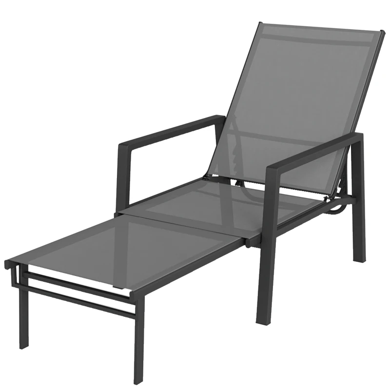 Outsunny Sun Lounger Retracable Footrest 5-Position Adjustable Steel Frame for Beach, Porch, Patio, Camping, Dark Grey