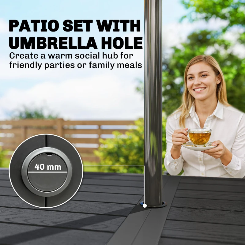 Outsunny Garden Dining Set for 6, Faux Wood Metal Outdoor Table and Stackable Chairs with Plastic Rattan Effect Seat, Black