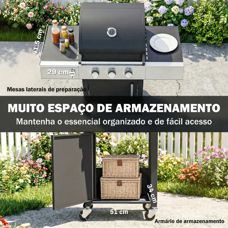 Outsunny Barbecue a Gás com 3 Queimadores 8,1 kW Termómetro Grelhas Mesas Laterais Armário e Rodas 109x50x109 cm Preto
