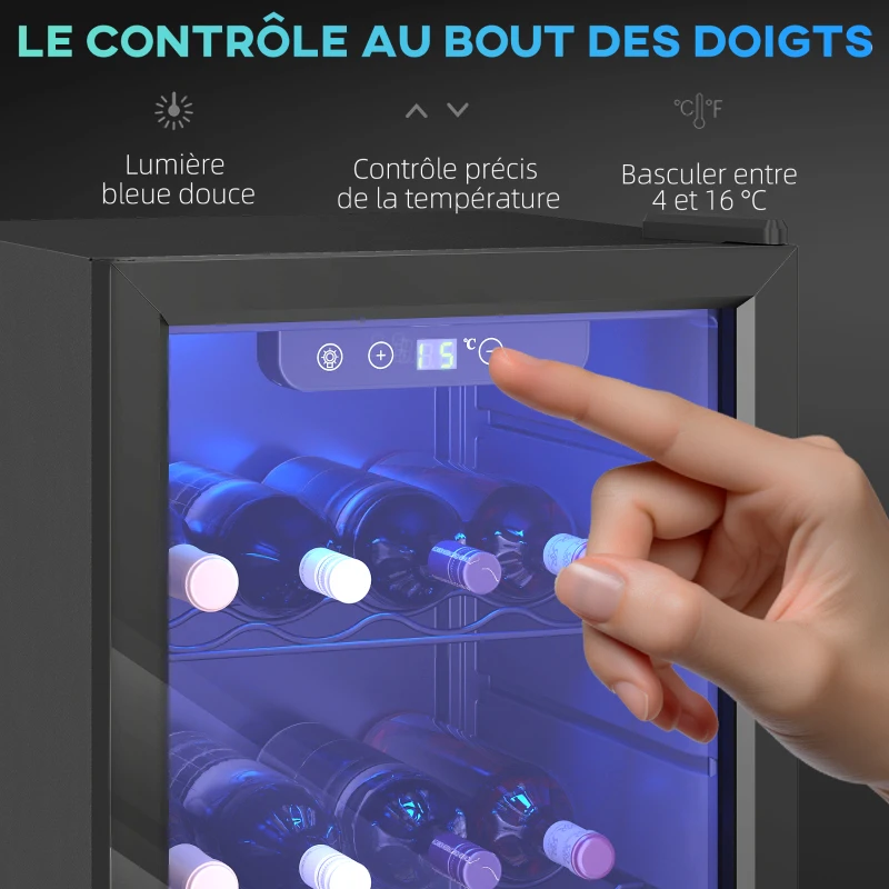 HOMCOM Cave à vin 24 bouteilles 68L, réfrigérateur à vin et boissons avec température réglable 4-16 °C, porte réversible, noir