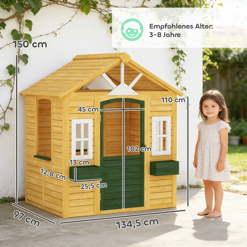 AIYAPLAY Kinderspielhaus Holz Spielhaus Outdoor mit Tür 3 Fenster 2 Blumenkästen für 3-8 Jahre Kinder 134,5 x 97 x 150 cm Braun