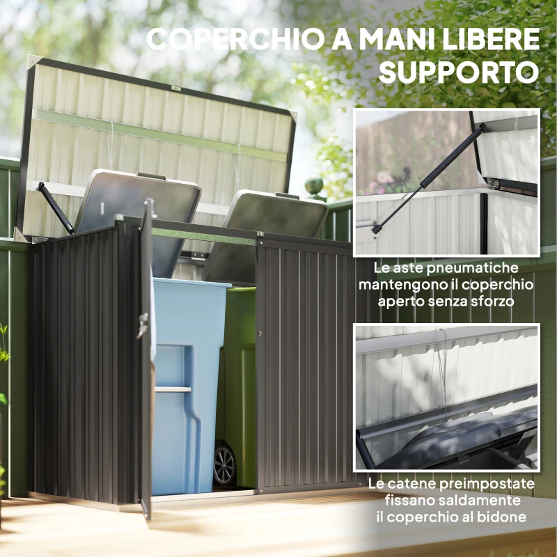 Outsunny Casetta Copri Bidoni da Esterno in Acciaio con 2 Porte Bloccabili e Tetto Apribile, Grigio