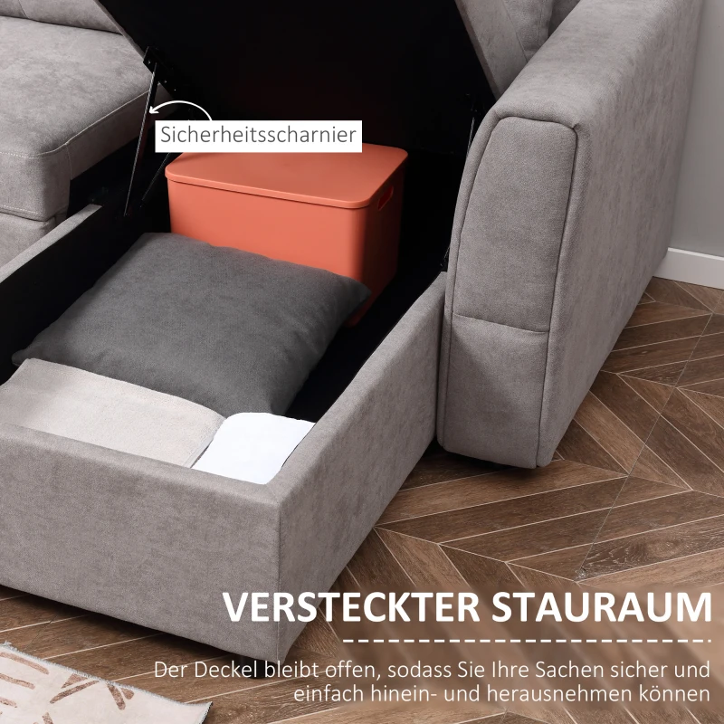 HOMCOM 3-Sitzer-Sofa mit Bettfunktion, Schlafsofa mit Chaiselongue, Polstersofa, Grau(m-5)