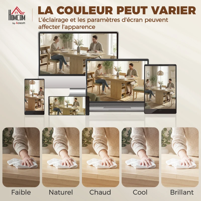 HOMCOM Table à manger extensible rectangle pour 4 à 6 personnes, table de cuisine 110-130 cm, 6 étagères ouvertes, bois naturel