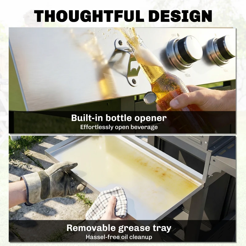 Outsunny Barbacoa de Gas con 3 Quemadores 8,1 kW Termómetro Parrillas Mesas Laterales Armario y Ruedas 109x50x109 cm Negro