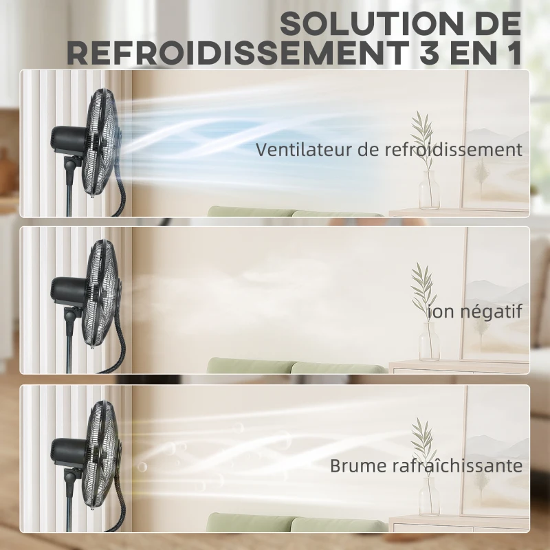 HOMCOM Ventilateur brumisateur 100 W à ionisation négative, ventilateur sur pied 130 cm, 3 vitesses, 3 modes, minuterie, noir
