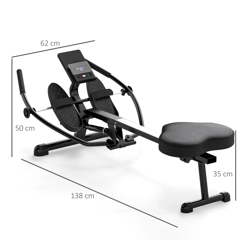 SPORTNOW Máquina de Remo para Casa con 12 Niveles de Resistencia Hidráulica Pantalla LCD para Entrenaminto en Gimnasio Negro