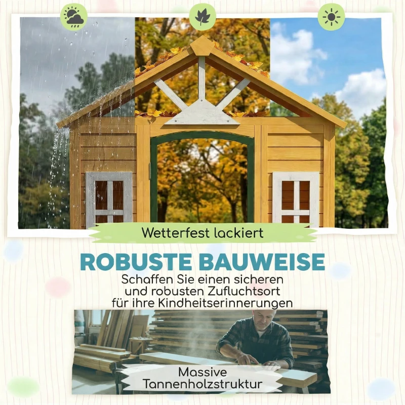 AIYAPLAY Kinderspielhaus Holz Spielhaus Outdoor mit Tür 3 Fenster 2 Blumenkästen für 3-8 Jahre Kinder 134,5 x 97 x 150 cm Braun