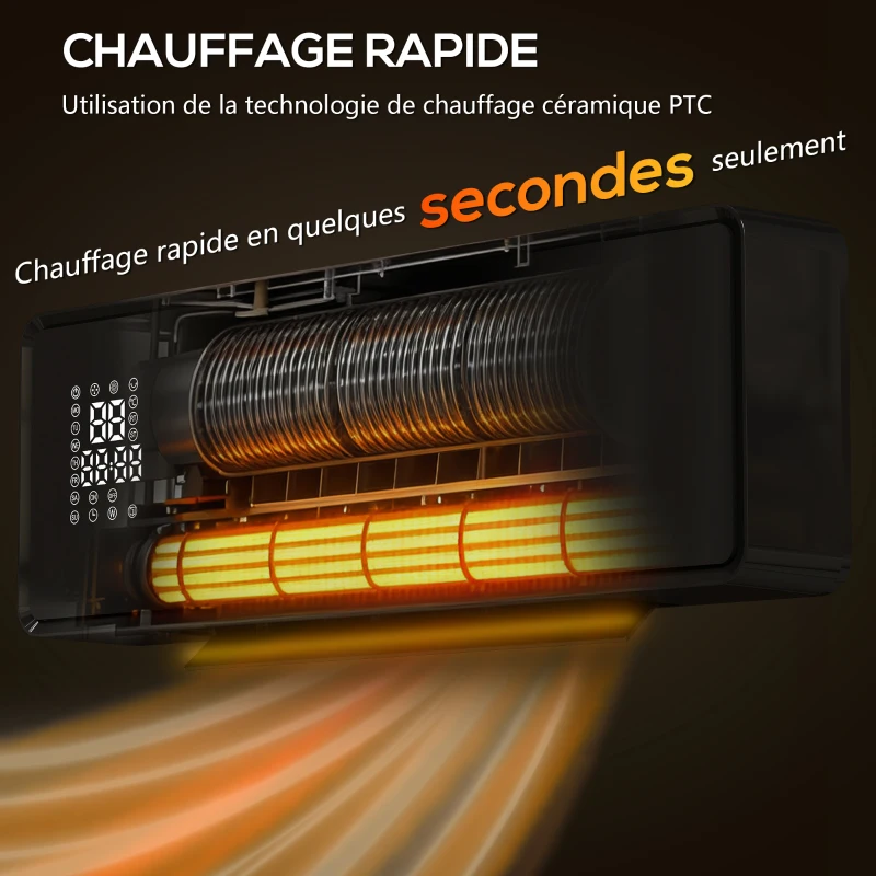 HOMCOM Chauffage mural en céramique 1000/2000W, radiateur électrique, ventilateur, thermostat, minuterie, 54x18,7x12,3cm, noir(m-4)