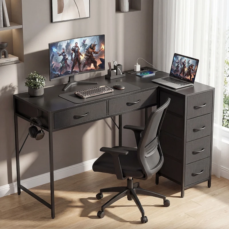 HOMCOM Scrivania Angolare a 6 Cassetti con Gancio Laterale e Prese Integrate, in Legno e Acciaio, 126x48x80 cm, Nero