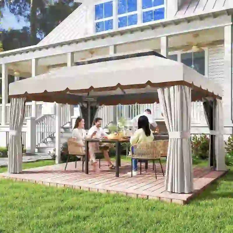Outsunny Cenador de Jardín 4x3m Pabellón de Jardín Gazebo con Doble Techo 4 Cortinas y Mosquitera Marco de Aluminio UPF50+ Crema