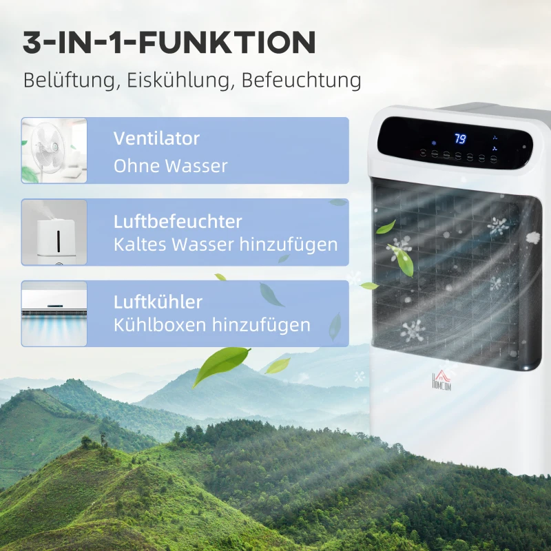 HOMCOM Luftkühler mit Wasserkühlung Fernbedienung 3 Modi, 3 Geschwindigkeiten, 12 Std-Timer, LED-Anzeige, 38x35x81 cm Weiß