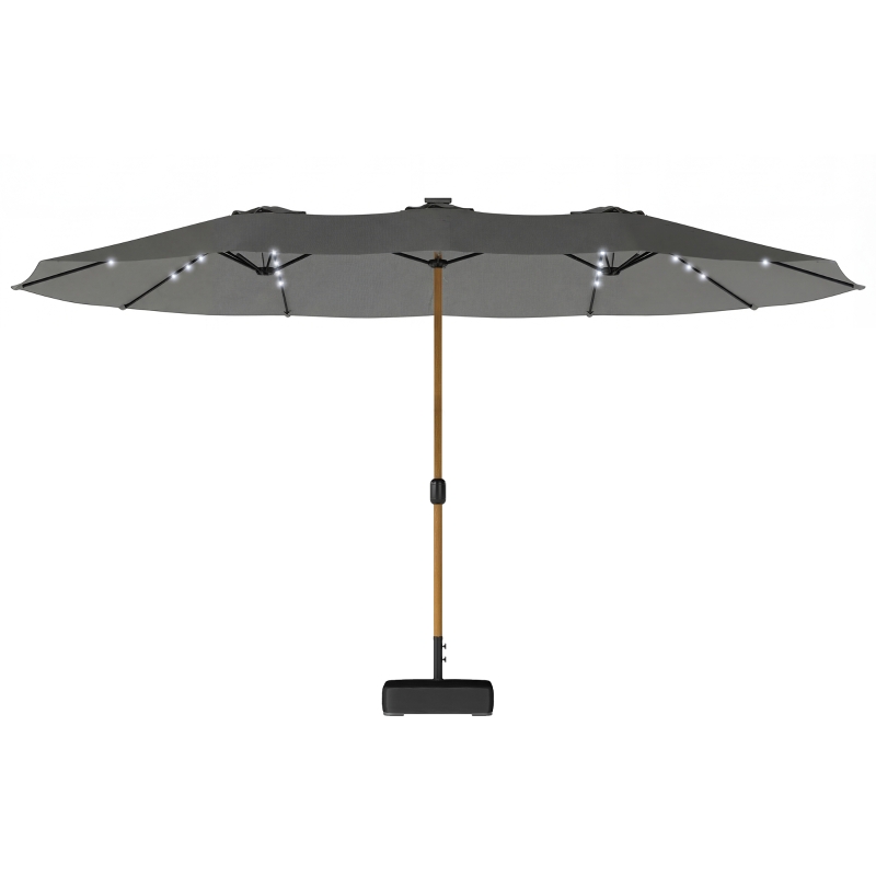 Outsunny Sombrilla Doble de Jardín 4,6x2,6 m con 48 Luces LED Base Incluida Manivela Sacos de Arena Anti-UV Gris Claro
