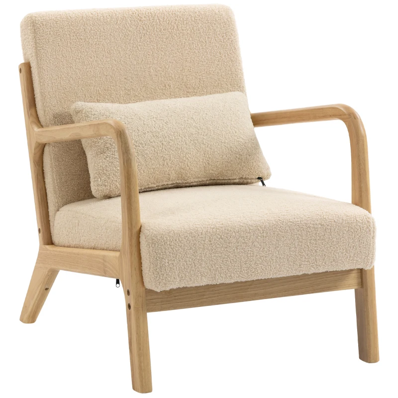 HOMCOM Fauteuil lounge - 3 coussins inclus - assise profonde - accoudoirs - structure bois hévéa - aspect velours beige