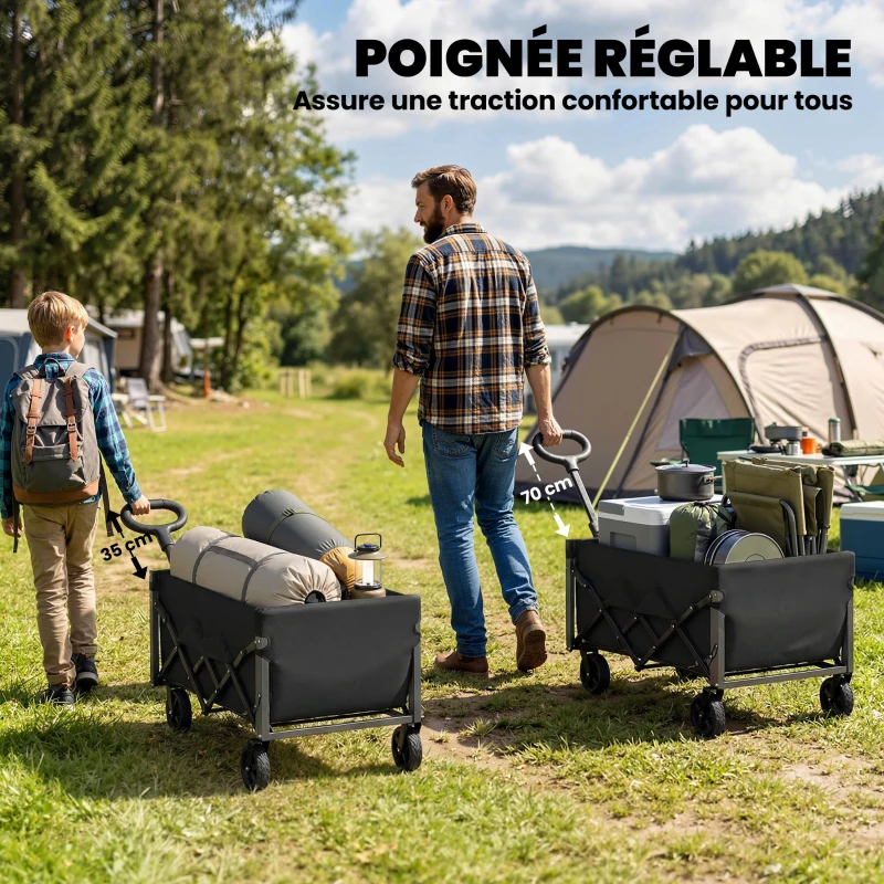 Outsunny Chariot de Transport Pliable 60L, Porte Arrière Rabattable, Roues Amovibles, Poignée Réglable, 71x45x86cm, Noir