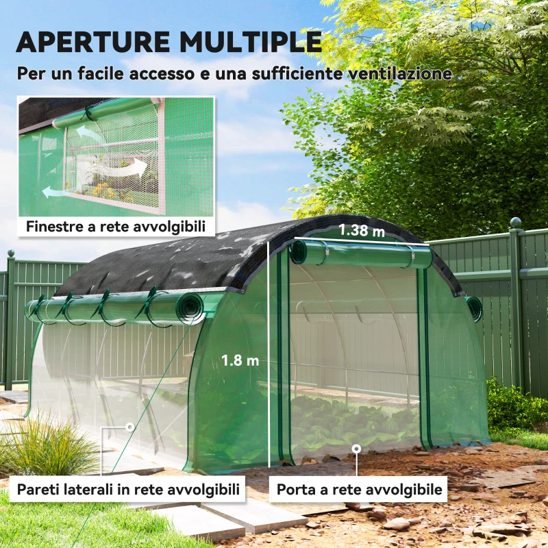 Outsunny Serra a Tunnel 4x3 m con Rete Ombreggiante Extra, Finestre e Ingresso a Zip, in PE e Acciaio, Verde