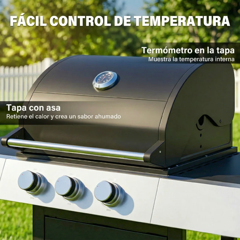 Outsunny Barbacoa de Gas con 3 Quemadores 8,1 kW Termómetro Parrillas Mesas Laterales Armario y Ruedas 109x50x109 cm Negro