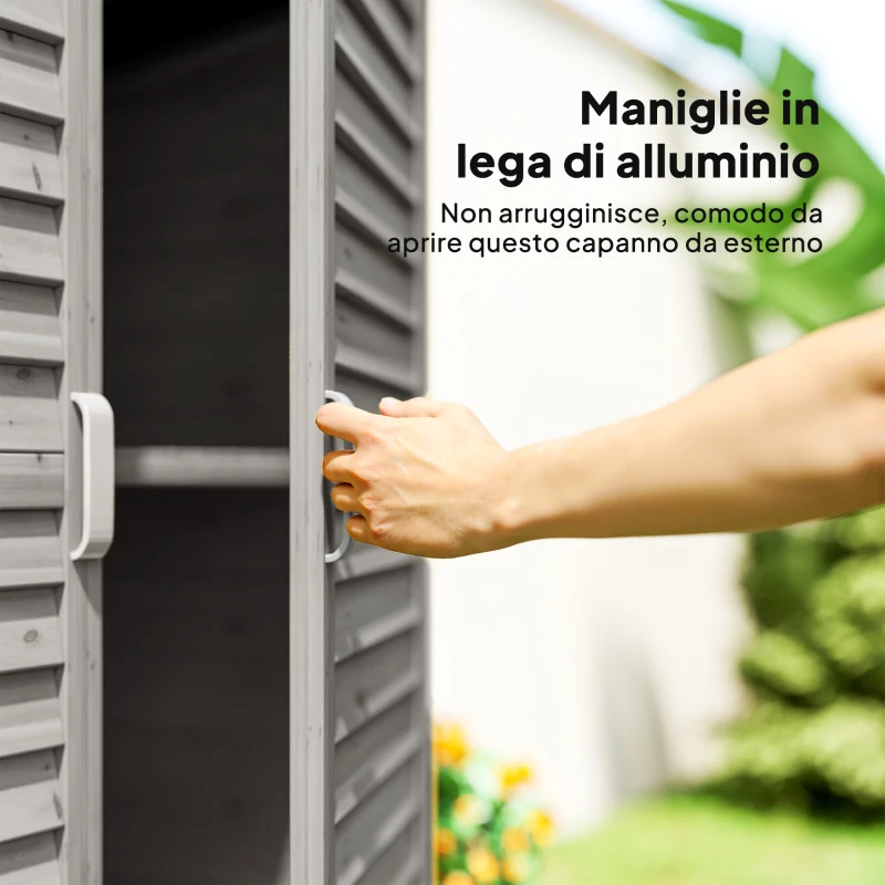 Outsunny Armadio da Giardino in Legno di Abete con Porte a Persiana e 2 Ripiani, 87x46.5x96.5cm, Grigio