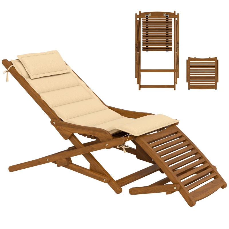 Outsunny Tumbona Silla Plegable de Madera con Reposapiés Desmontable y Cojín con Reposacabezas Carga 160 kg 158x61x70 cm Beige