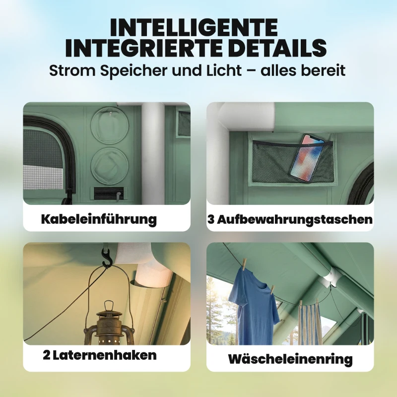 Outsunny Aufblasbares Zelt 8-10 Personen Schneller Aufbau 4-Jahreszeiten Wasserdicht Kratzfest Zelt mit Kaminöffnung Dachfenster