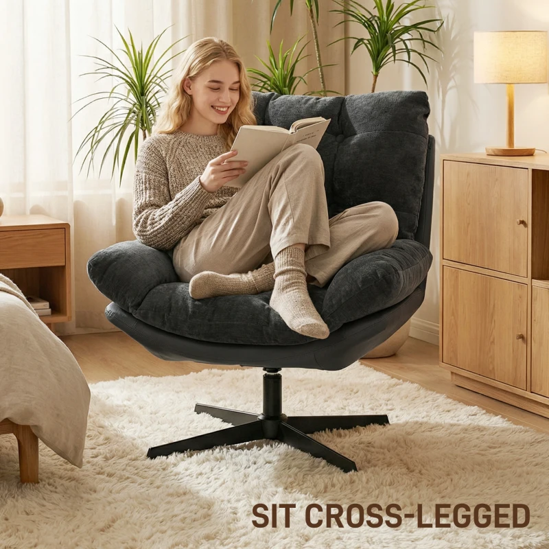 HOMCOM Accent Chair with Footstool, Swivel Lounge Chair with Chenille Upholstery, Metal Base, Dark Grey