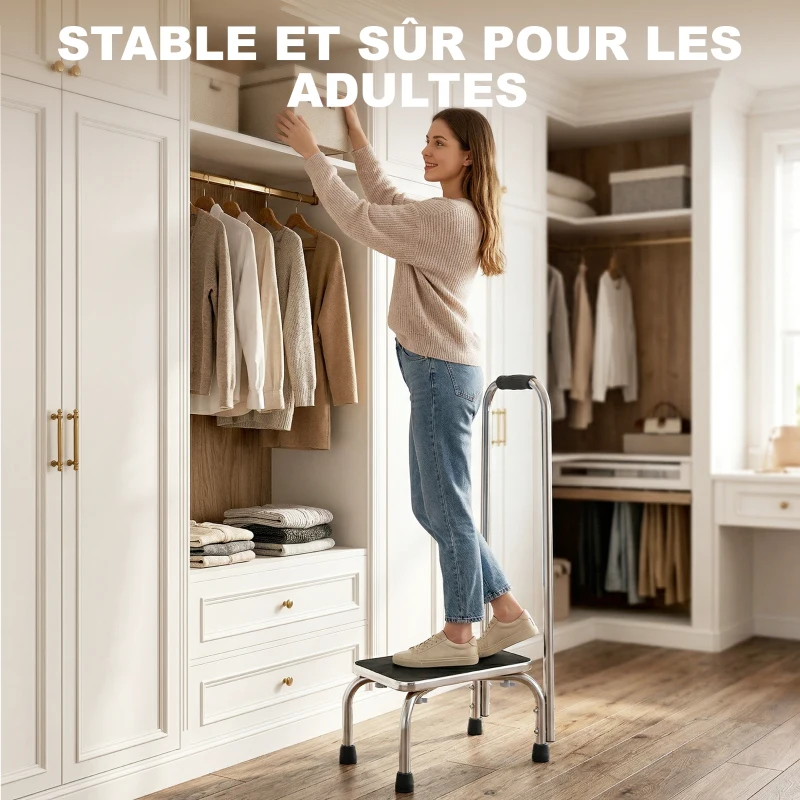 HOMCOM Marche avec Barre d'appui - marchepied de sécurité - Marche d'accès au Bain - Plateforme & Patins antidérapants - Acier galvanisé