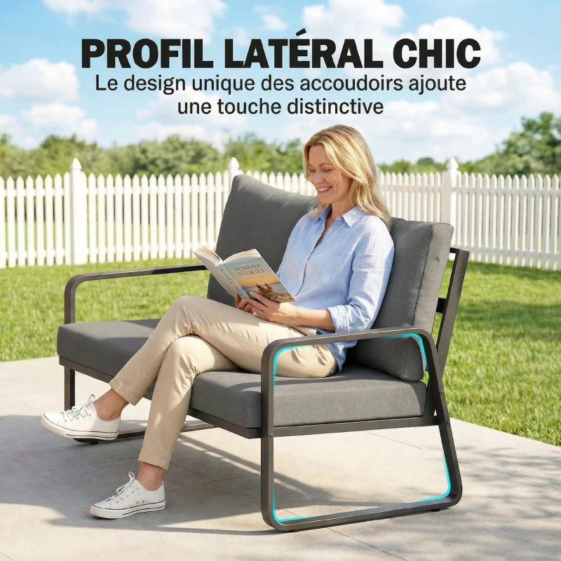 Outsunny Canapé de Jardin 2 Places avec Coussins Épais, Housses Amovibles et Accoudoirs Modernes, 121x69x69cm, Gris Clair