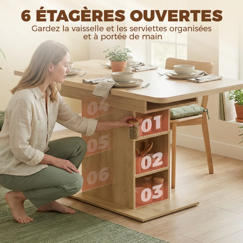 HOMCOM Table à manger extensible rectangle pour 4 à 6 personnes, table de cuisine 110-130 cm, 6 étagères ouvertes, bois naturel