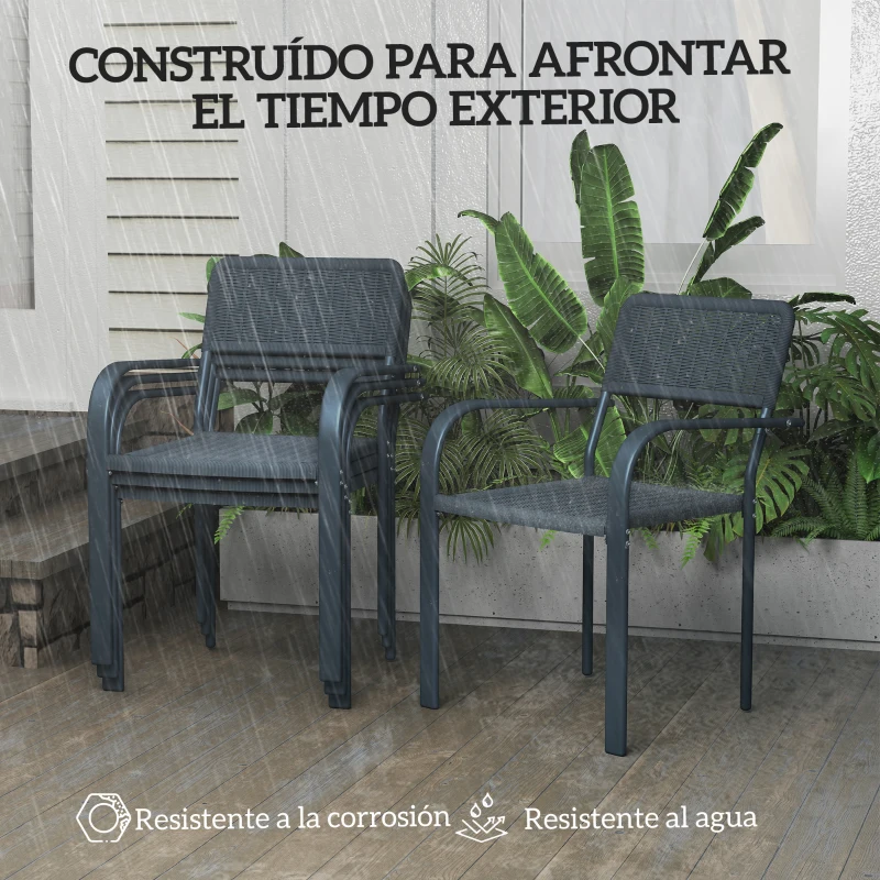Outsunny Juego de 4 Sillas de Jardín Exterior Apilables con Reposabrazos Respaldo y Marco de Acero 55x60x83 cm Gris Oscuro
