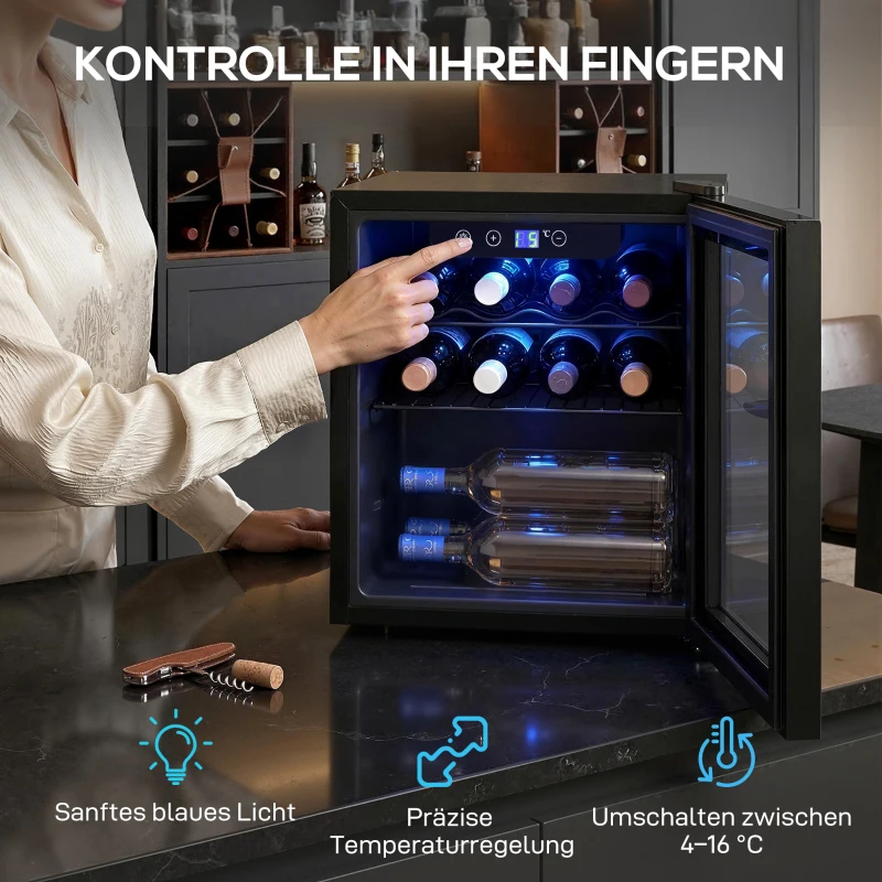 HOMCOM Weinkühler für 12 Flaschen, 36 L Kapazität, 4–16°C, Unterbau Kühlschrank für Getränke und Bier, mit Glastür, LED-Licht