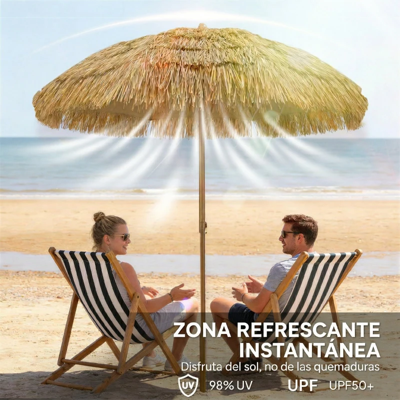 Outsunny Sombrilla de Playa con Flecos de Paja Ø178 cm con Inclinación Altura Ajustable UV50+ Bolsa de Transporte Marrón Claro