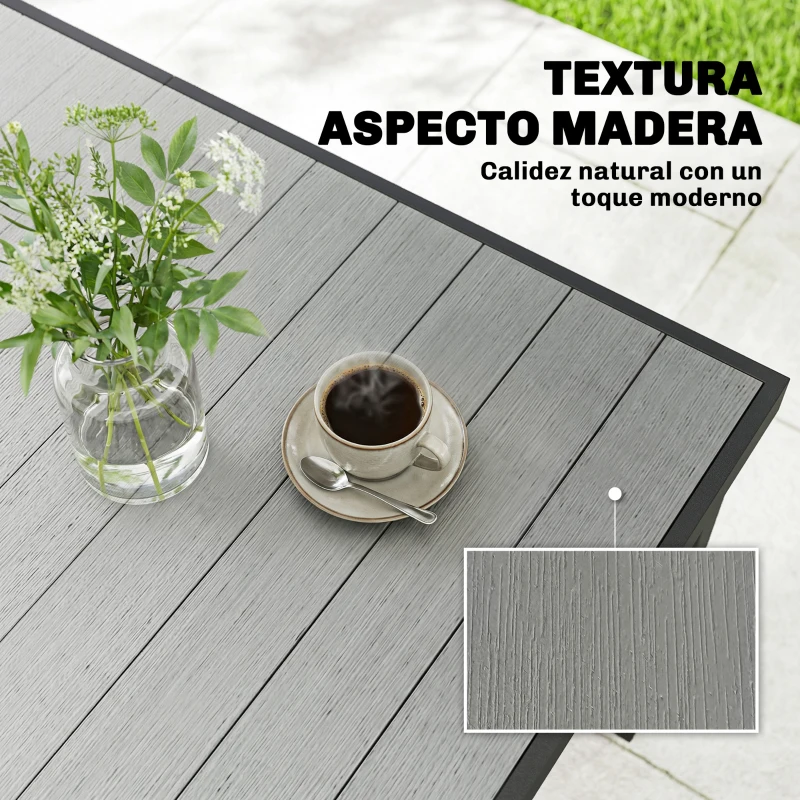 Outsunny Mesa de Comedor de Jardín para 6 Personas con Superficie de Listones Estructura de Acero 140x90x74 cm Gris