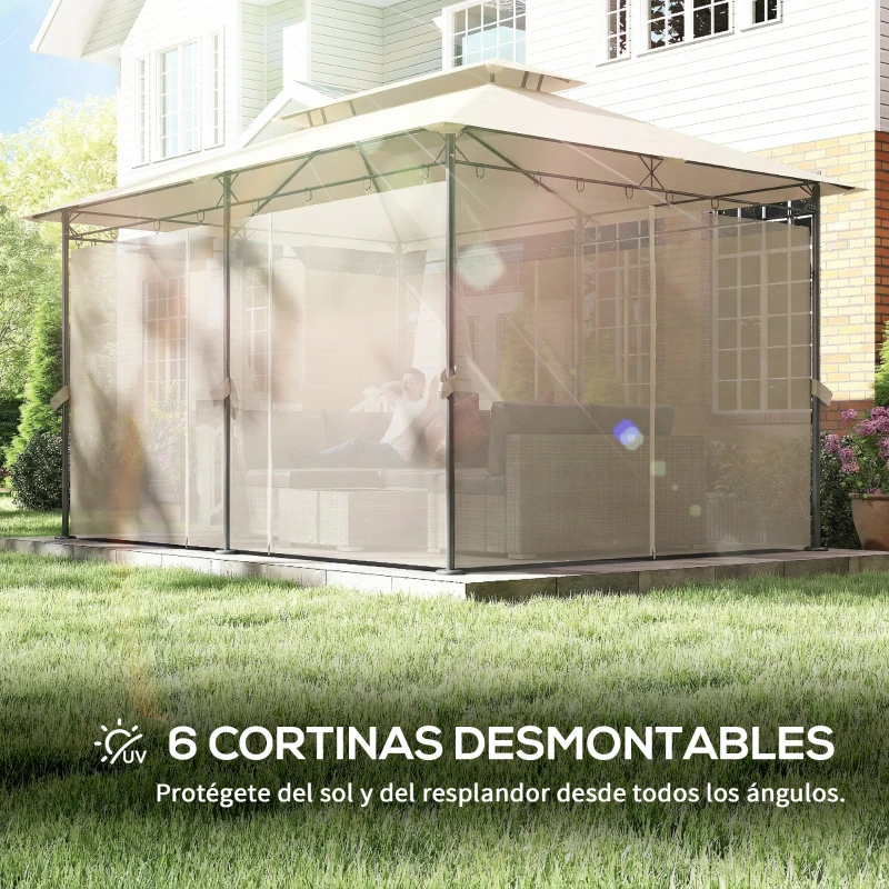 Outsunny Cenador de Jardín de 4x3 m con Doble Techo Paredes Laterales Resistente al Agua para Exterior Terraza Beige