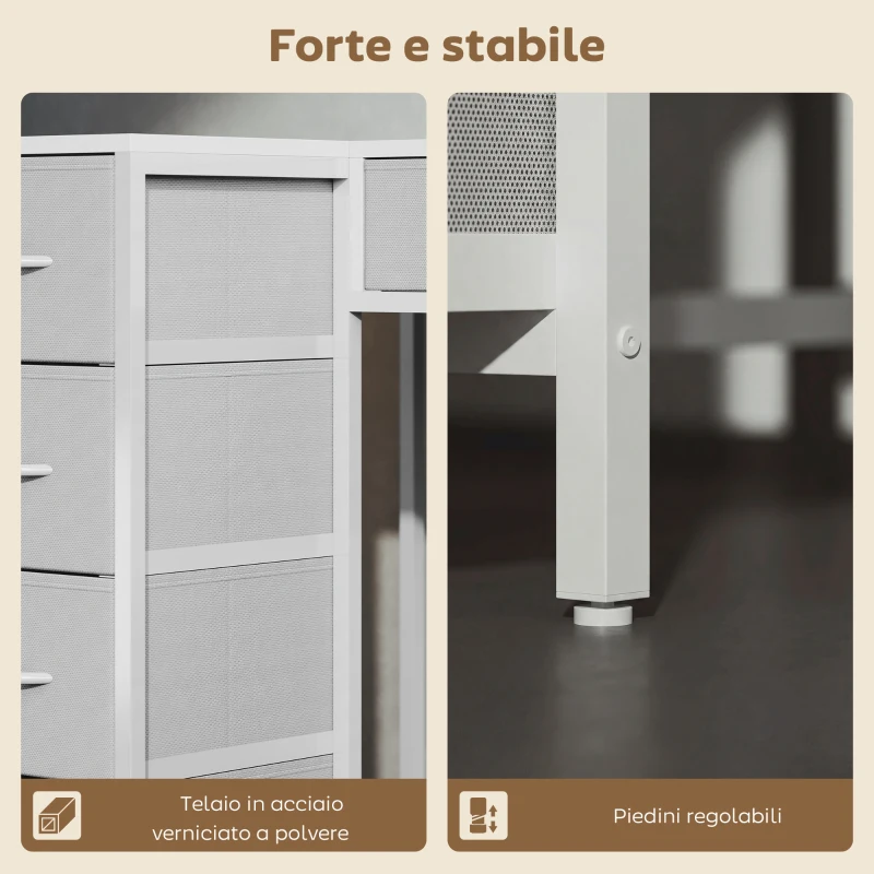 HOMCOM Scrivania Angolare a 6 Cassetti con Gancio Laterale e Prese Integrate, in Legno e Acciaio, 126x48x80 cm, Bianco