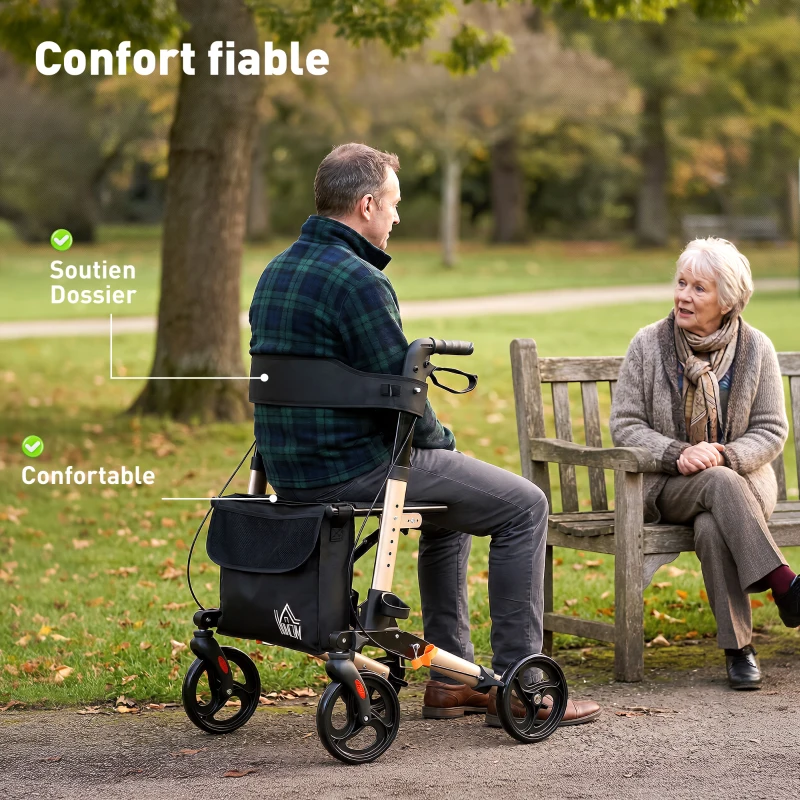 HOMCOM Déambulateur 4 Roues Pliable en Aluminium, Hauteur Réglable 6 Positions, Freins Doubles, Rangement, 64x67x92cm, Doré