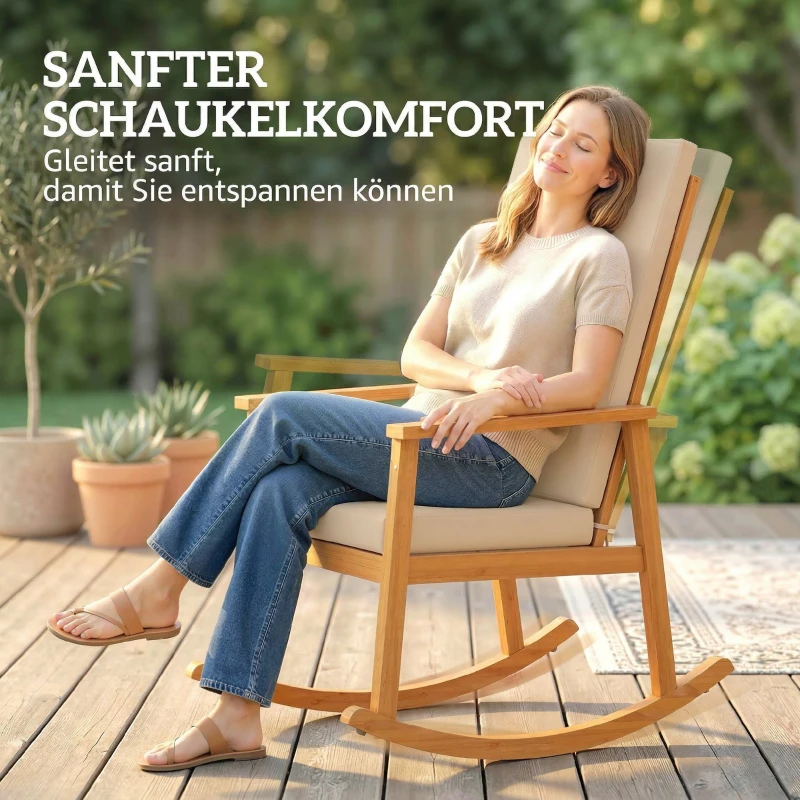 Outsunny Schaukelstuhl aus Akazienholz Schaukelsessel mit hoher Rückenlehne Kissen bis 160 kg 60 x 89 x 107 cm Beige