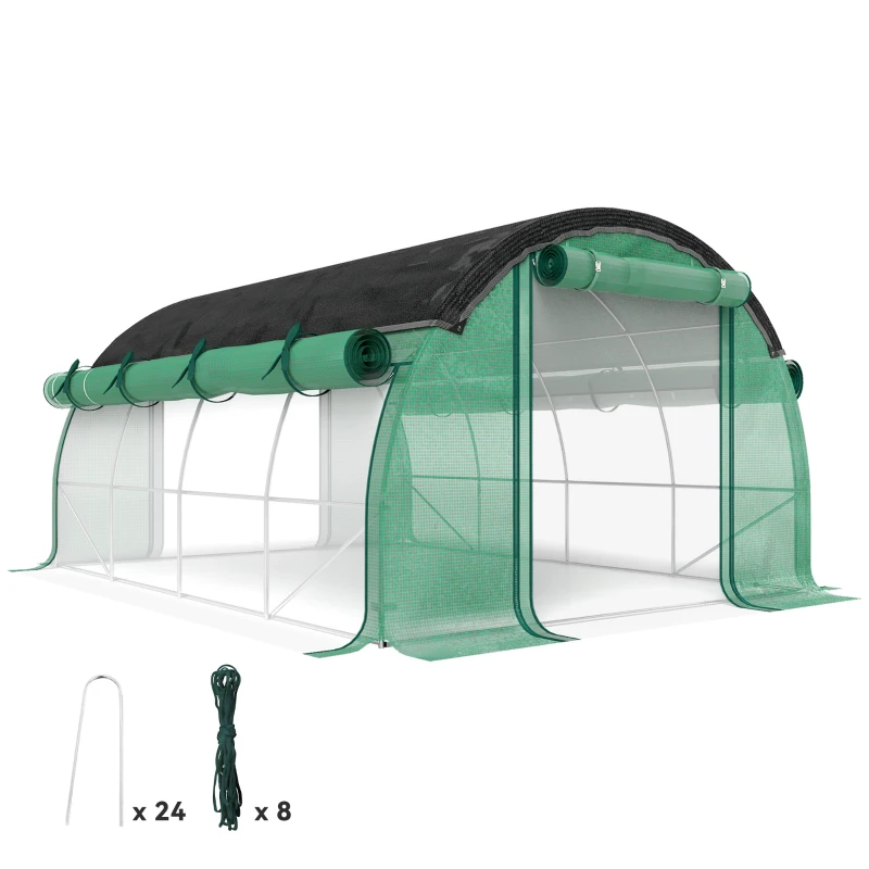 Outsunny Serra a Tunnel 4x3 m con Rete Ombreggiante Extra, Finestre e Ingresso a Zip, in PE e Acciaio, Verde